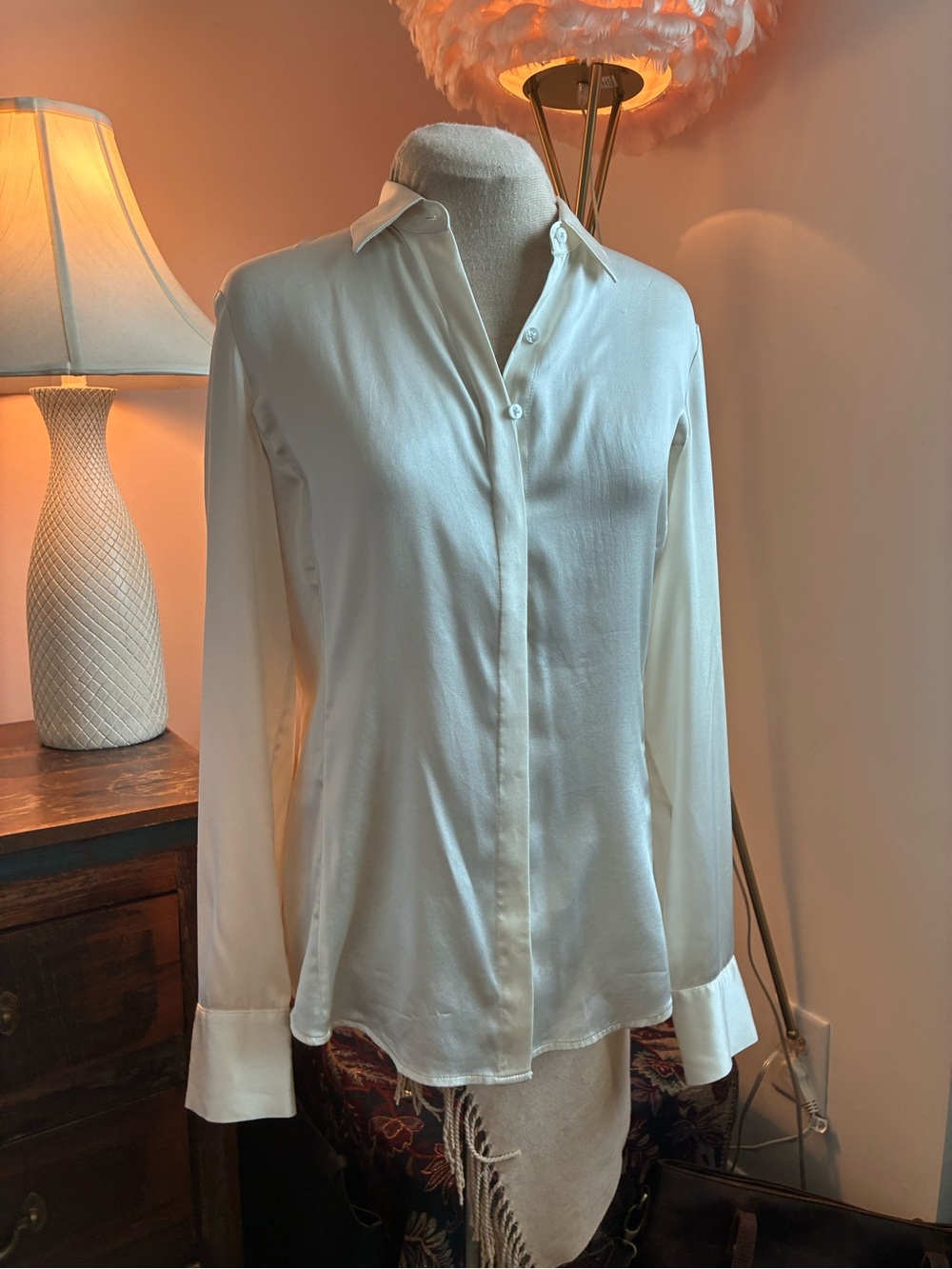 Genuine Silk Cream Long-Sleeve Button Down Ivory Shirt